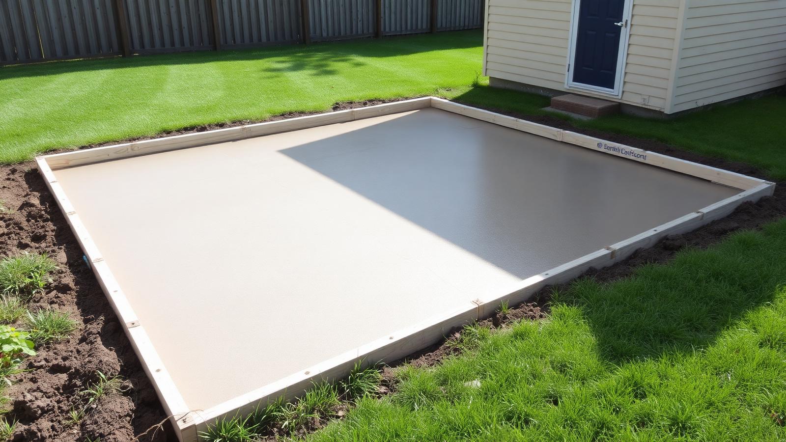 Freshly poured concrete slab with wood forms in a Twin Cities backyard, ready for a shed