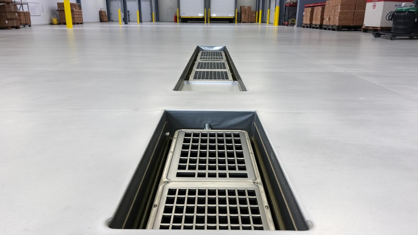 Stainless trench drain set flush in a smooth concrete warehouse floor at a Twin Cities commercial site